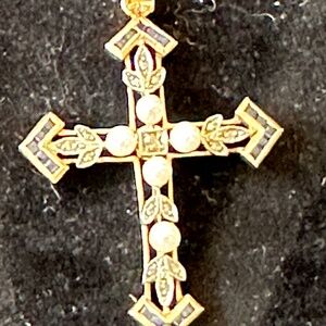 14kt yellow gold, pearl, diamond and sapphire cross